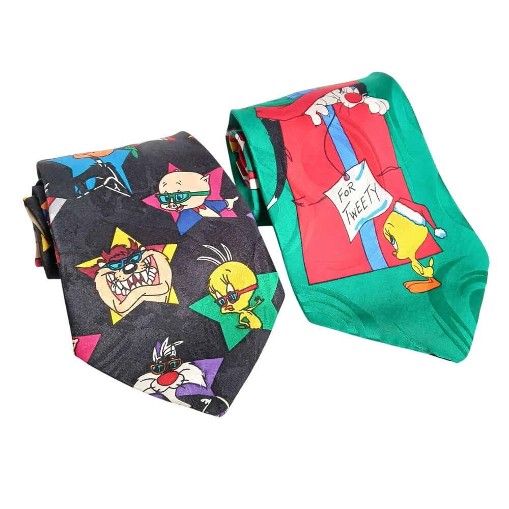 VINTAGE Looney Tunes Mania Christmas/ Characters 100% Silk Mens Ties Retro 90s
